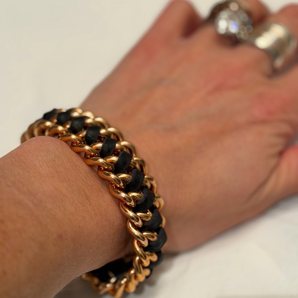 Milor Italy Bronze Chain Bracelet w/ Woven Black Leather NEVER Worn Chunky Chic💫